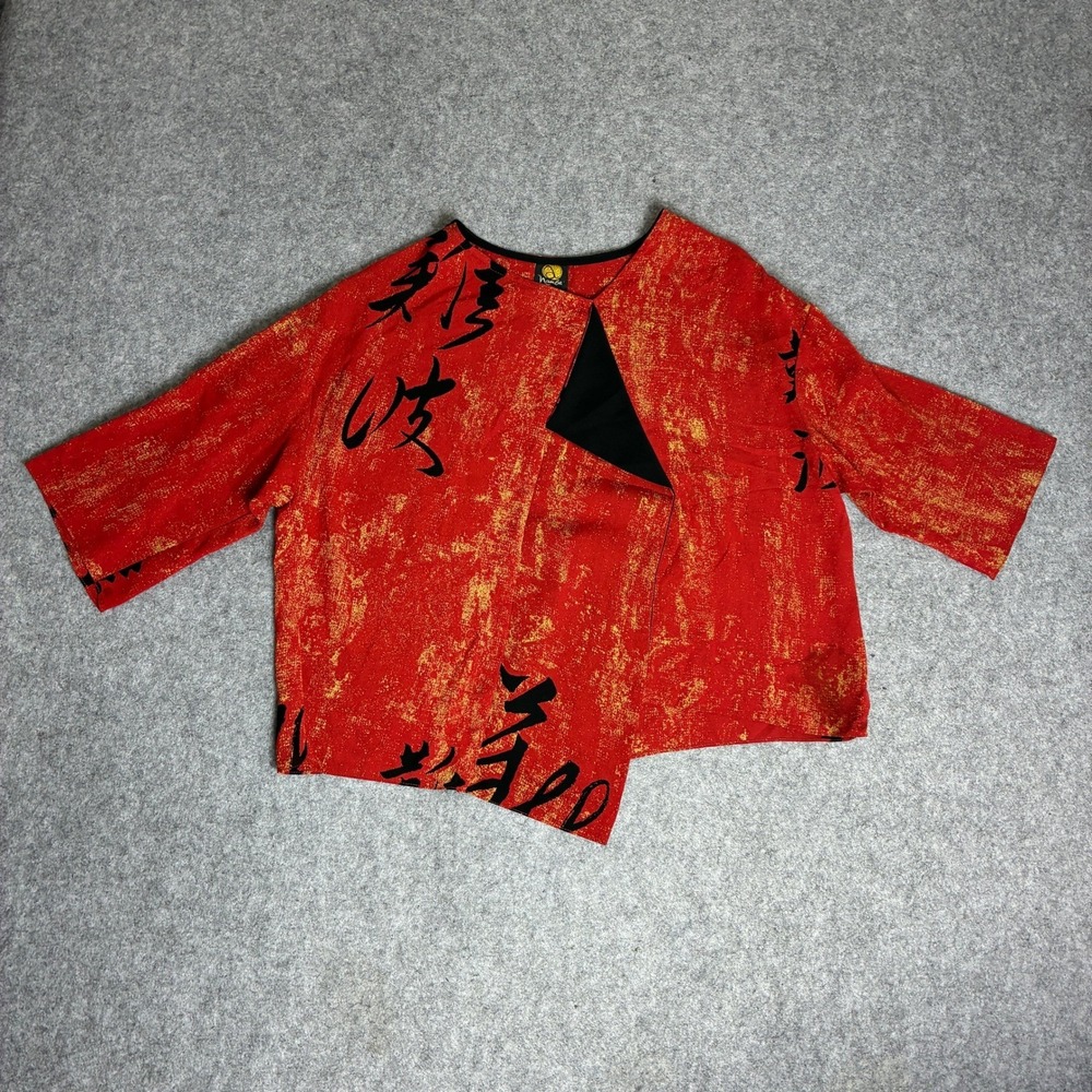 Vintage Anne Namba Red 100% Silk Calligraphy Wrap Blouse Top Womens Size 1